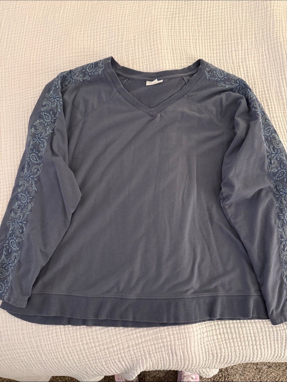 J. Jill Slate Blue V-Neck Pullover with Embroidered Sleeves